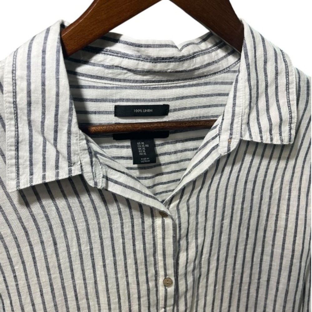 Tahari 100% Linen Blue and White Striped Shirt Button Up Shirt Size  XL - Picture 3 of 16